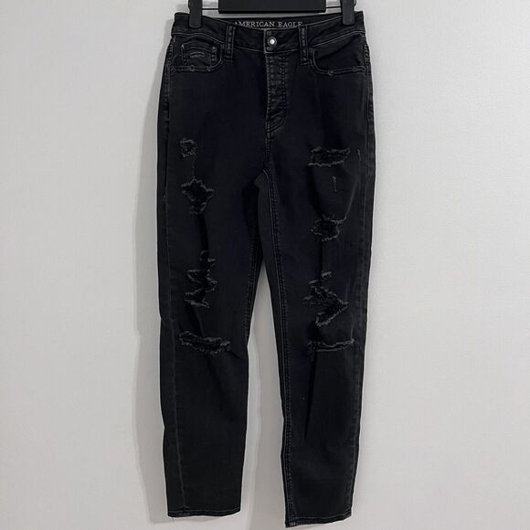 American Eagle Black Vintage Hi Rise Jeans Size 4 Regular Distressed Raw Denim - Picture 1 of 7